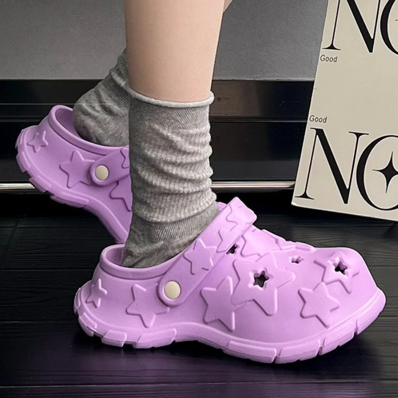 Zuecos de moda para mujer, zapatillas de plataforma de verano, bonitos zapatos de jardín para el hogar con estilo de estrella, sandalias de calle deslizantes de playa para el hogar con suela gruesa para niñas - imagen 5
