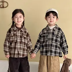 Camisa de manga larga a cuadros para niña de algodón