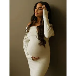 Vestido punto premamá para fotos – Hombros descubiertos, blanco
