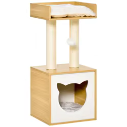 PawHut Árbol para Gatos de 2 Niveles con Cueva Cama Superior Postes Rascadores de Sisal Natural Cojines Lavables y Bola de Juguete 35x35x81 cm Roble y Blanco