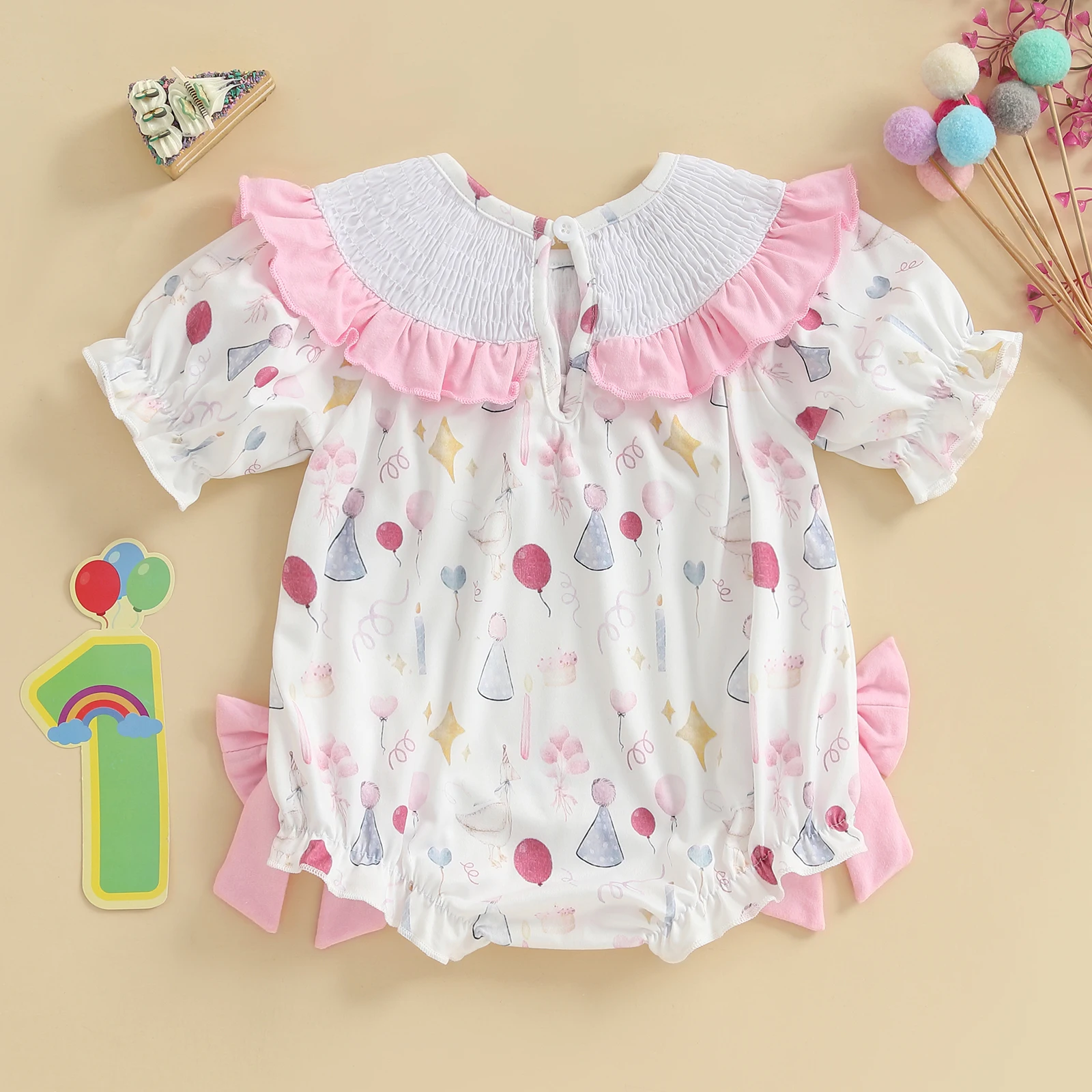 SUNSIOM Mameluco de primer cumpleaños para niña con letras y globos con volantes y manga corta, ropa bonita de verano - imagen 3
