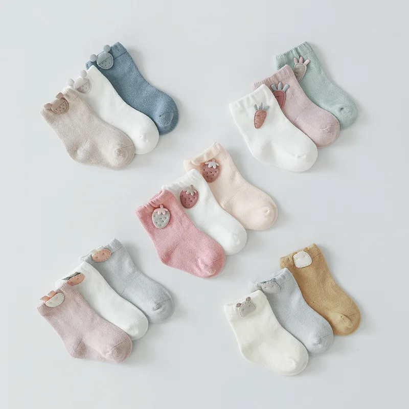 Chaussettes en coton doux pour tout-petits, chaussettes mi-mollet pour nouveau-né, chaussettes désossées pour fille et garçon, style coréen, mignon, nouveau, automne, ensemble de 3 paires - imagen 2