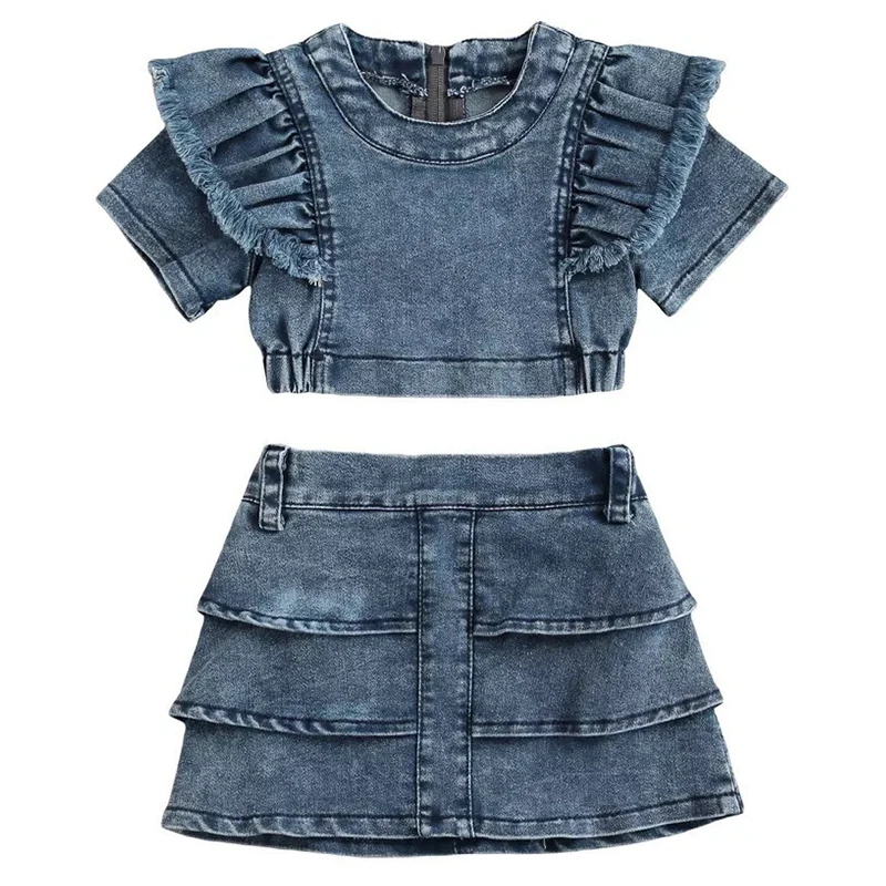 Ropa de verano para niños de 2 piezas, moda coreana para niñas, Tops azules de manga corta + falda, ropa de Boutique para bebés, conjuntos para niños BC442