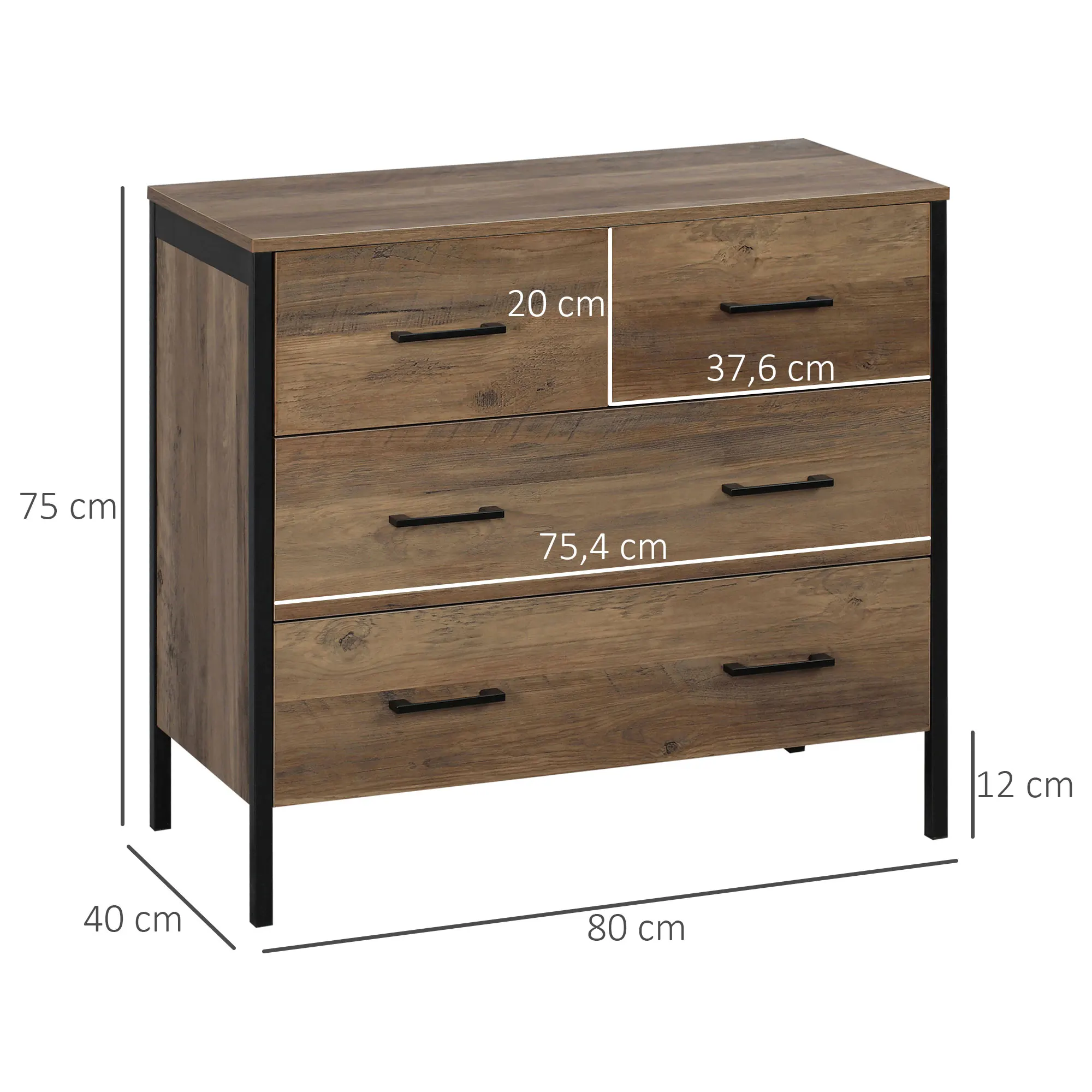 HOMCOM Cajonera con 4 Cajones Cómoda de Dormitorio de Madera Mueble Almacenaje para Salón Habitación Oficina Estilo Industrial Antivuelco 80x40x75 cm Marrón - imagen 3