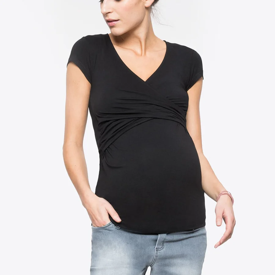 Camiseta para mujeres embarazadas, blusa de maternidad, pantalón corto informal para amamantar, Tops de manga a rayas, camisa de lactancia para embarazo - imagen 3