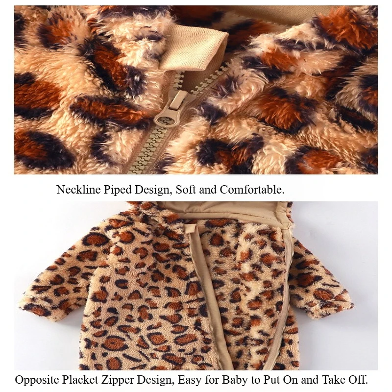 Mameluco con capucha con estampado de leopardo de invierno para bebé con lindas orejas peludas Mono con cremallera oblicua para bebé acogedor y cálido para salidas navideñas - imagen 5