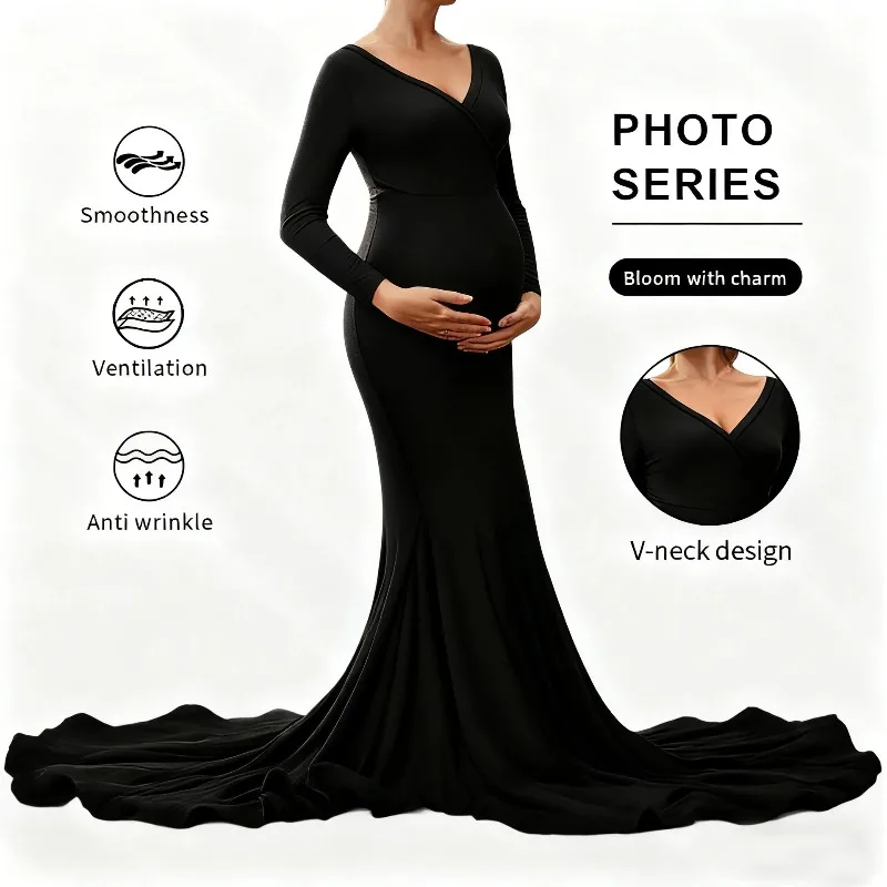 Vestido de maternidad maxi negro con cuello en V y abertura - imagen 3