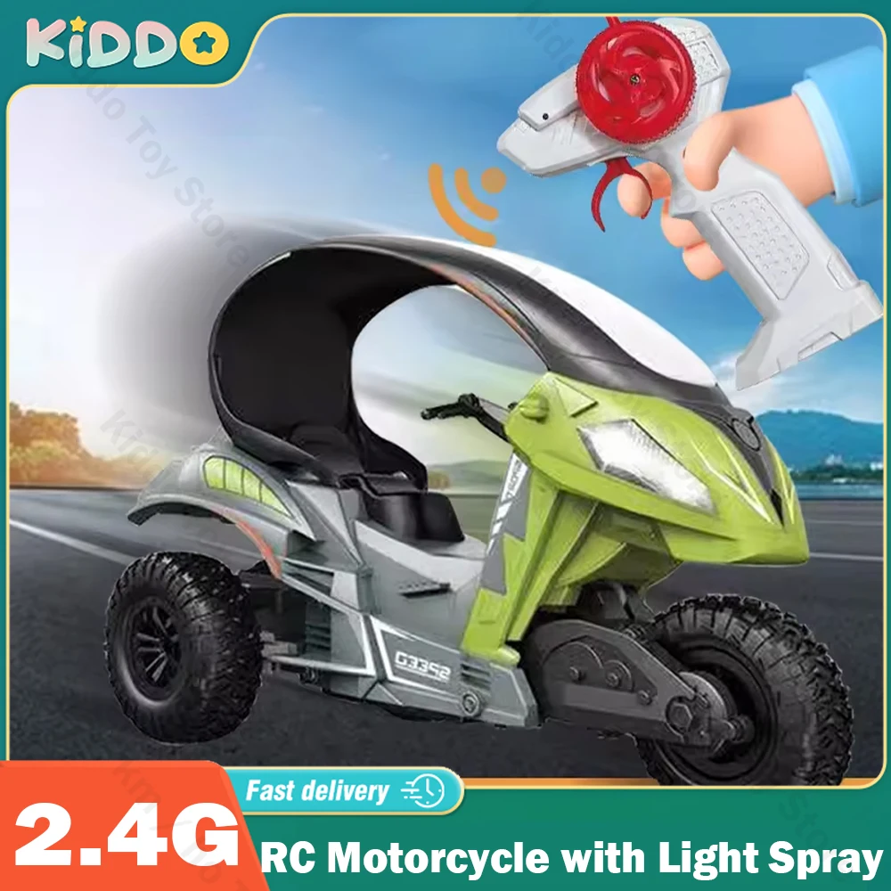 Motocicleta RC de tres ruedas con pulverizador ligero, juguete de emulación de alta velocidad eléctrica con Control remoto de 2,4G, regalo para niños