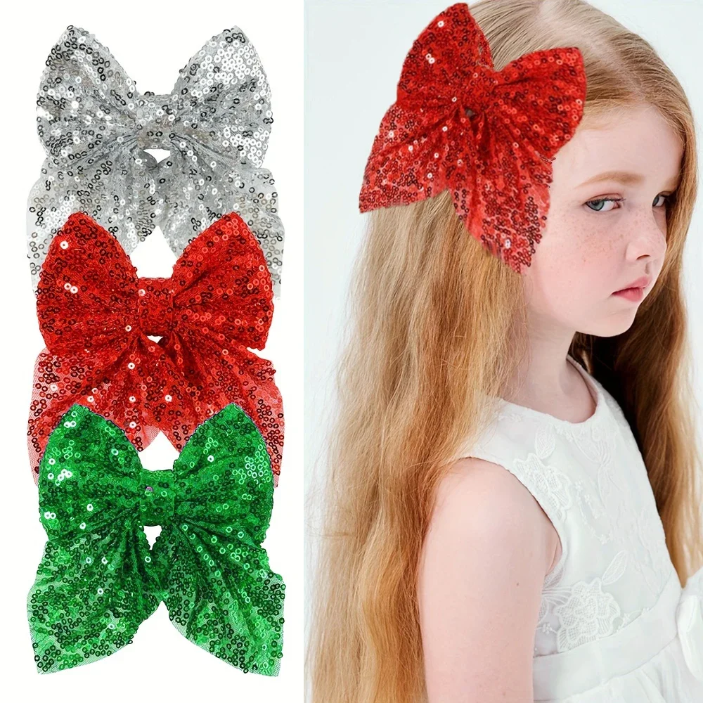 3 uds. De pinzas para el pelo con lazo con purpurina navideña, pinzas para el pelo grandes y brillantes de Color sólido para mujeres y niñas, bonitos accesorios para el cabello, regalos