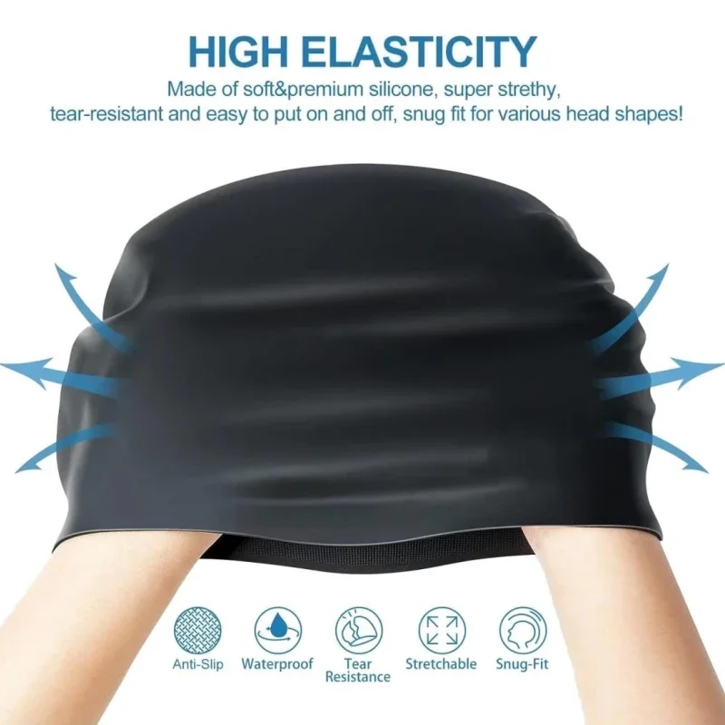 Gorros de natación para hombre y mujer, gorros de natación de silicona duraderos, gorros de natación impermeables Unisex para adultos, gorros de baño extensibles para piscina para cabello largo - imagen 2