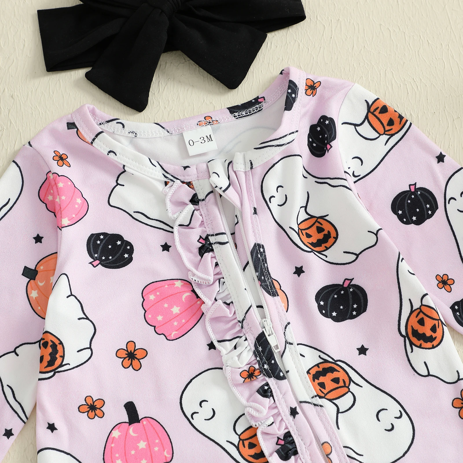 Conjunto de 2 piezas de mameluco con patas de manga larga y cuello redondo con estampado de fantasma de calabaza para niña de Halloween - imagen 3