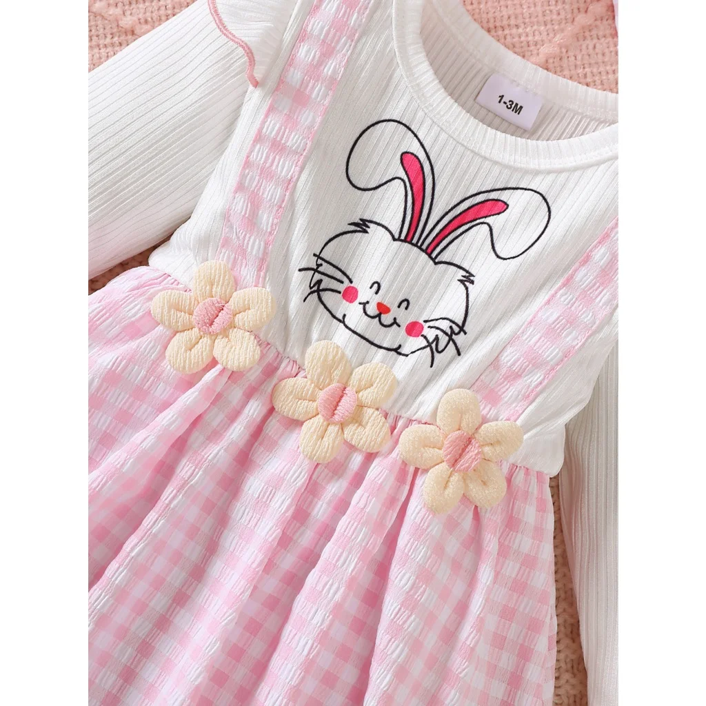 Falda con tirantes rosa de manga larga para niña recién nacida de 1 a 18 meses, bonito vestido falso de dos piezas con estampado de conejo y diadema del mismo Color - imagen 2