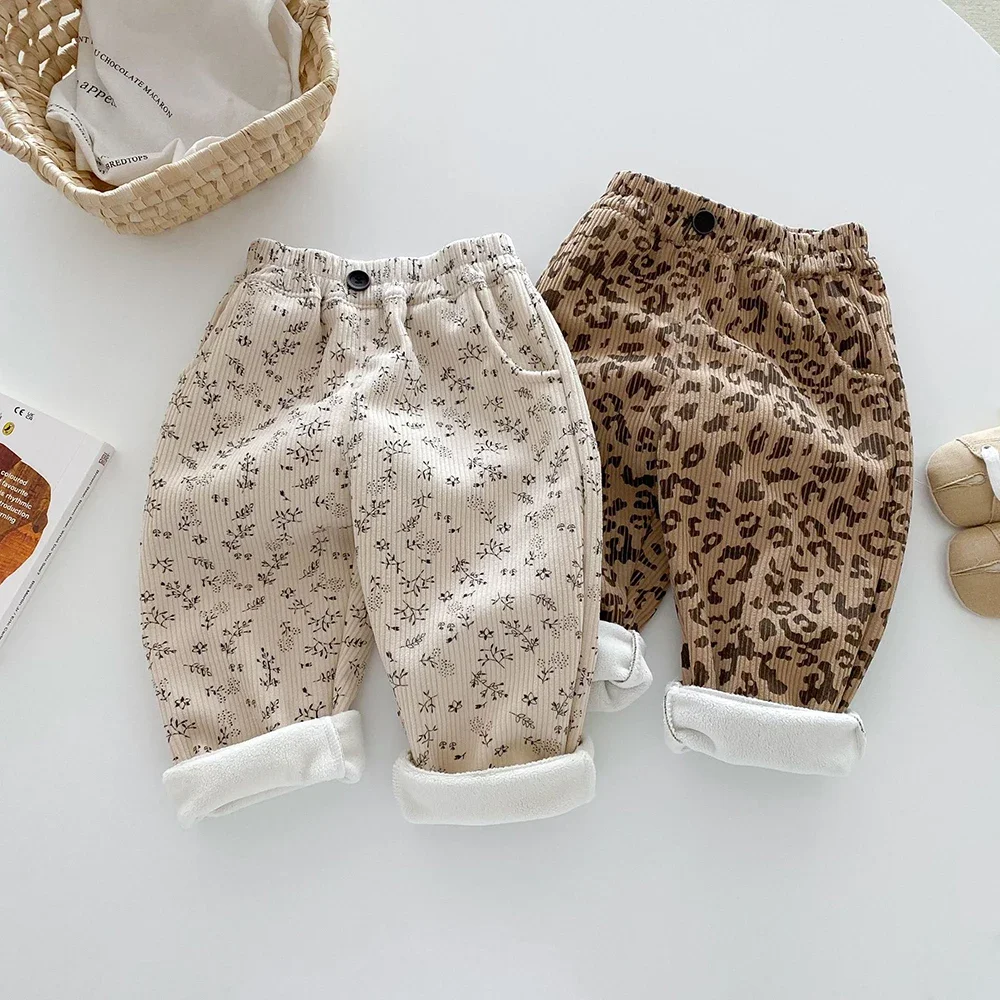 Pantalones para niños de 1 a 5 años, pantalones cálidos con forro de piel para niñas, pantalones con estampado de leopardo para niños, pantalones largos de moda