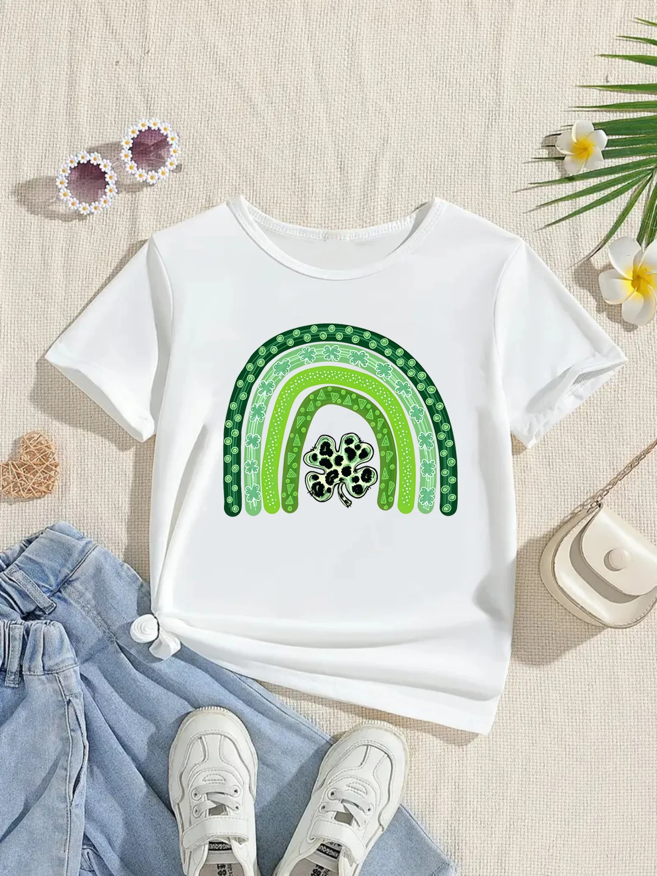 Camiseta con estampado de trébol de la suerte del Día de San Patricio de arcoíris, camiseta de moda de verano para niñas, ropa para niños, camiseta de regalo para Festival