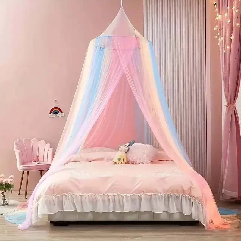 Toldo de cama de arcoíris, mosquitera de poliéster, cortinas de cama de princesa de techo, decoración de dormitorio para niñas, ropa de cama para niños, decoración de habitación