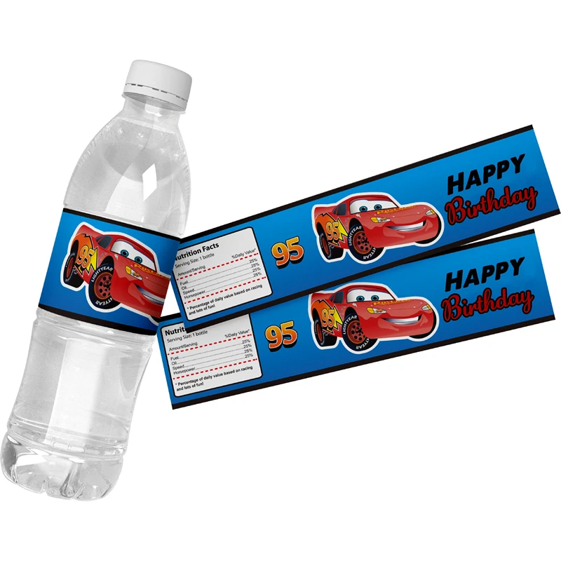 6 uds Pixar Cars Lightning McQueen envolturas para botellas de agua etiquetas etiquetas de feliz cumpleaños pegatinas decoración de fiesta de feliz cumpleaños para niños - imagen 3