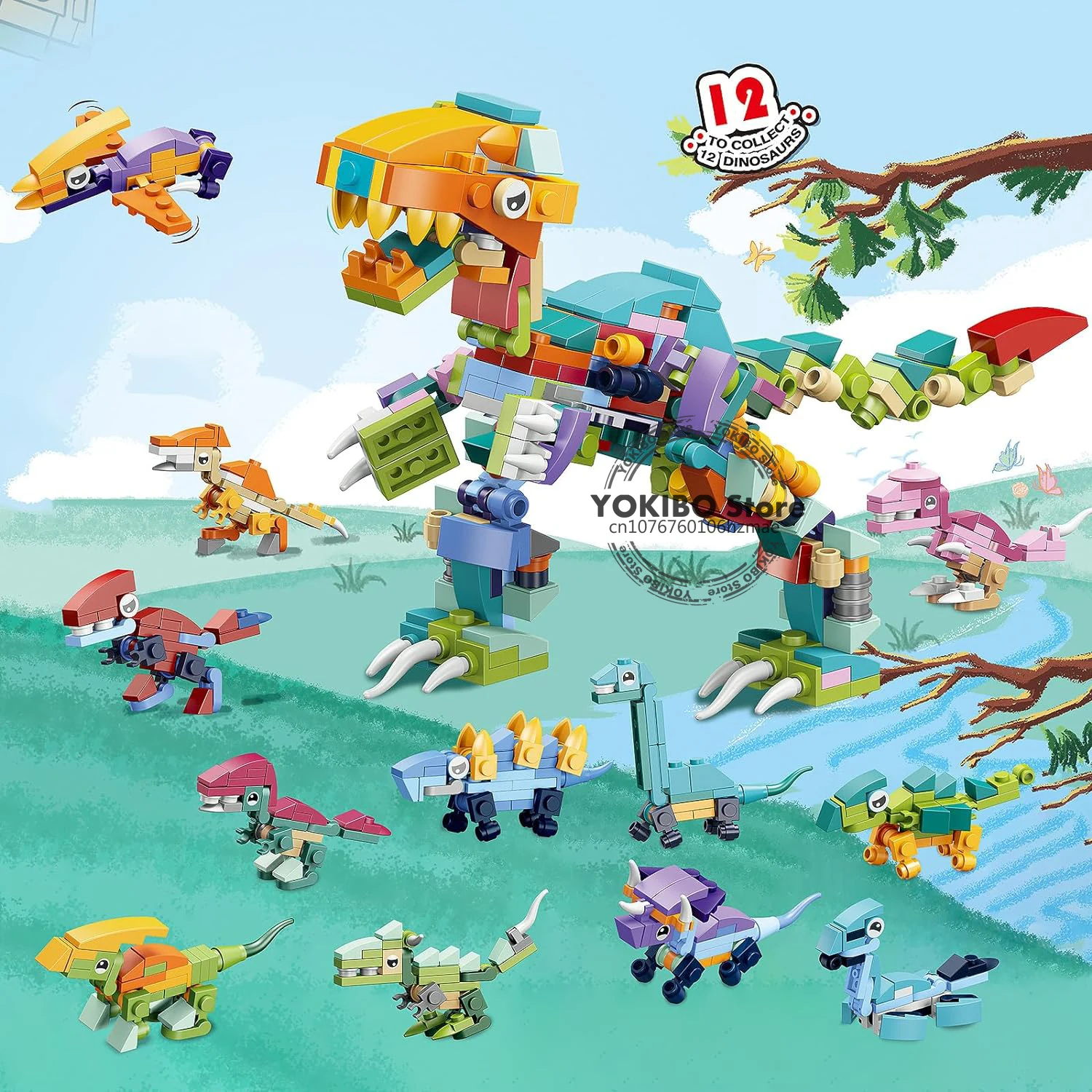 Conjuntos de bloques de construcción de dinosaurios 12 en 1, juguete de desarrollo, juguetes de bloques de construcción, juego de bloques de animales de dinosaurio - imagen 3
