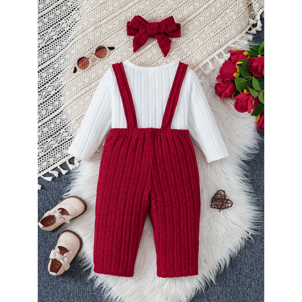 Disfraz para bebé recién nacido y niña de 0 a 3 años, Top blanco de manga larga, pantalones con tirantes rojos y diadema, conjunto de ropa cómoda de otoño de 3 uds. - imagen 5