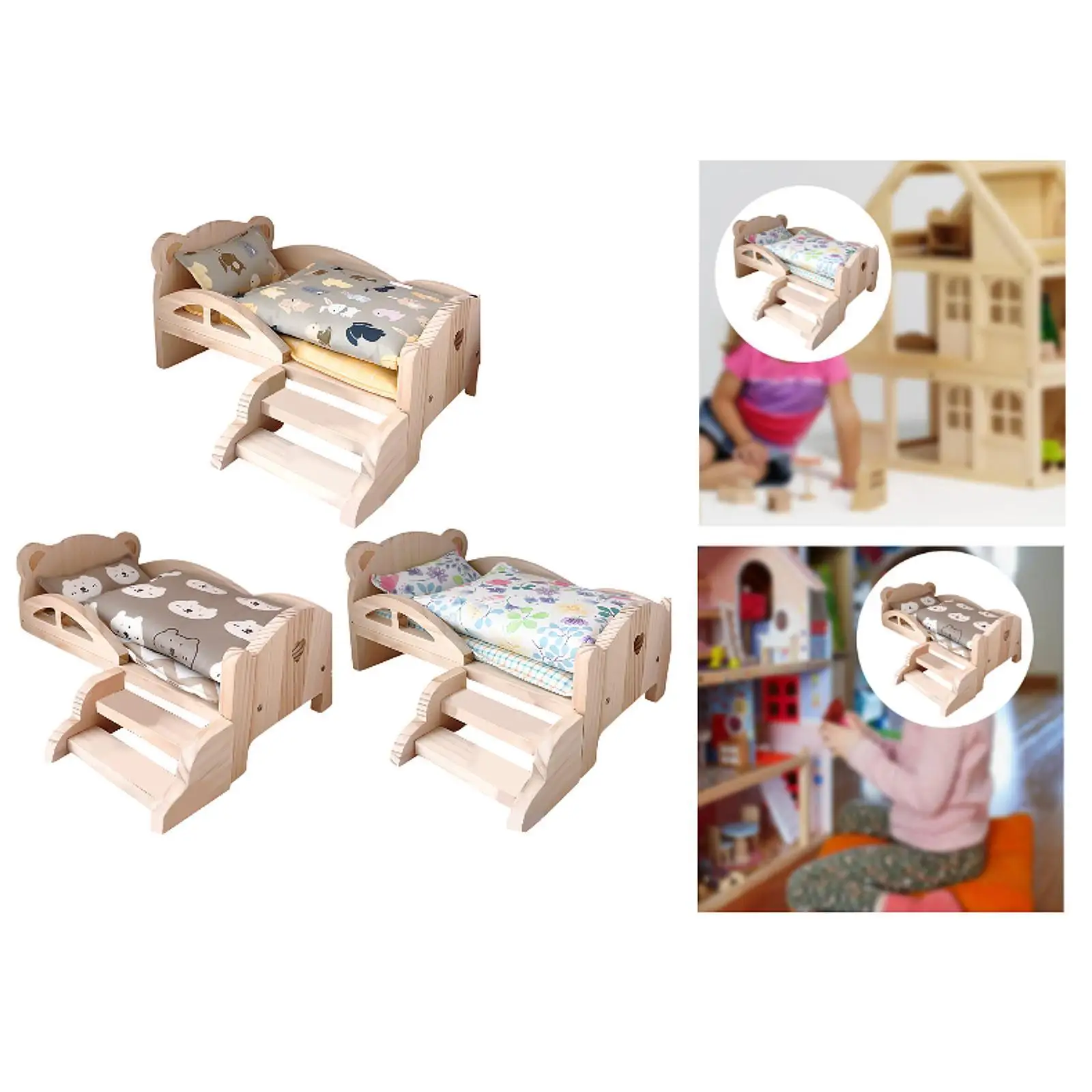 1/12 Wooden Doll Miniature Bed Cartoon Simulation for Dollhouse Decoration