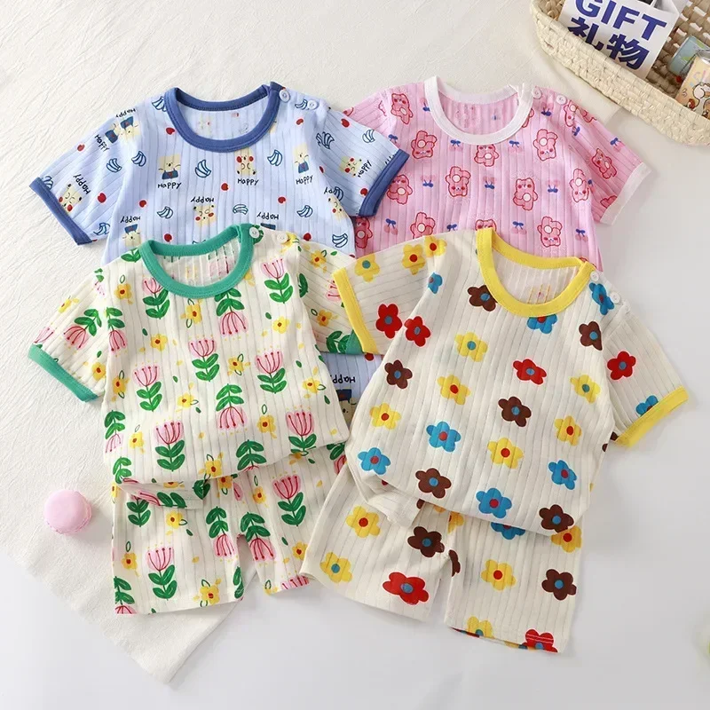 Somenie 2 conjuntos de ropa corta de verano para niñas, camiseta infantil de algodón con flores y pantalones cortos, pijamas de 2 piezas 12M-24M-3Y-5YN -8Y, ropa de casa - imagen 3