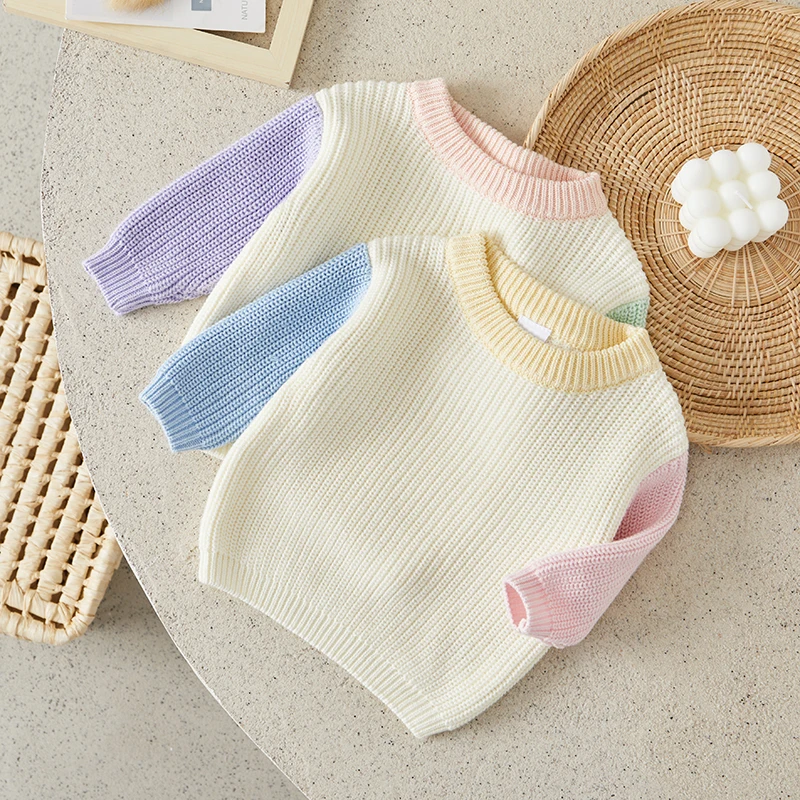 Suefunskry, suéter para niños y niñas, jerseys de manga larga con cuello redondo y contraste de Color a la moda, Tops informales para Otoño e Invierno para bebés
