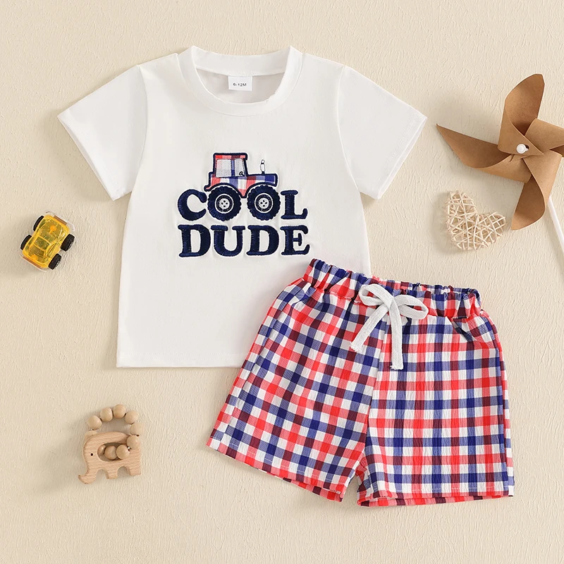 Conjunto de pantalones cortos para niños de 0 a 4 años, camiseta de dinosaurio bordada de manga corta con pantalones cortos a cuadros, conjunto para niños pequeños, traje de verano - imagen 3