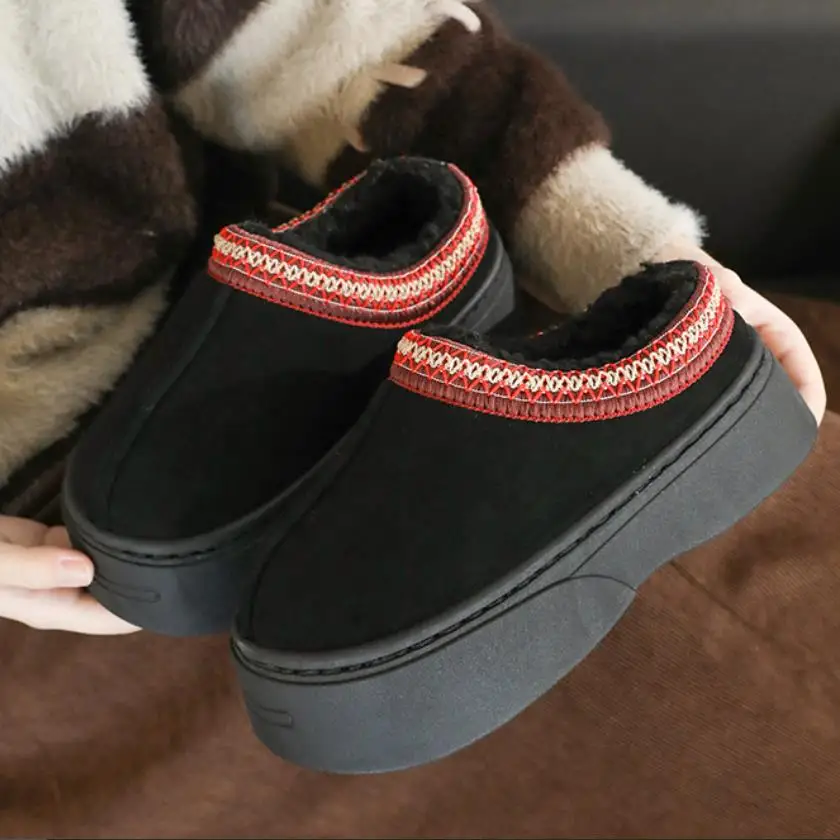 Zapatillas de algodón de estilo étnico para mujer, zapatos de plataforma que mantienen el calor, suela gruesa de felpa suave, toboganes esponjosos para el suelo de la casa - imagen 5