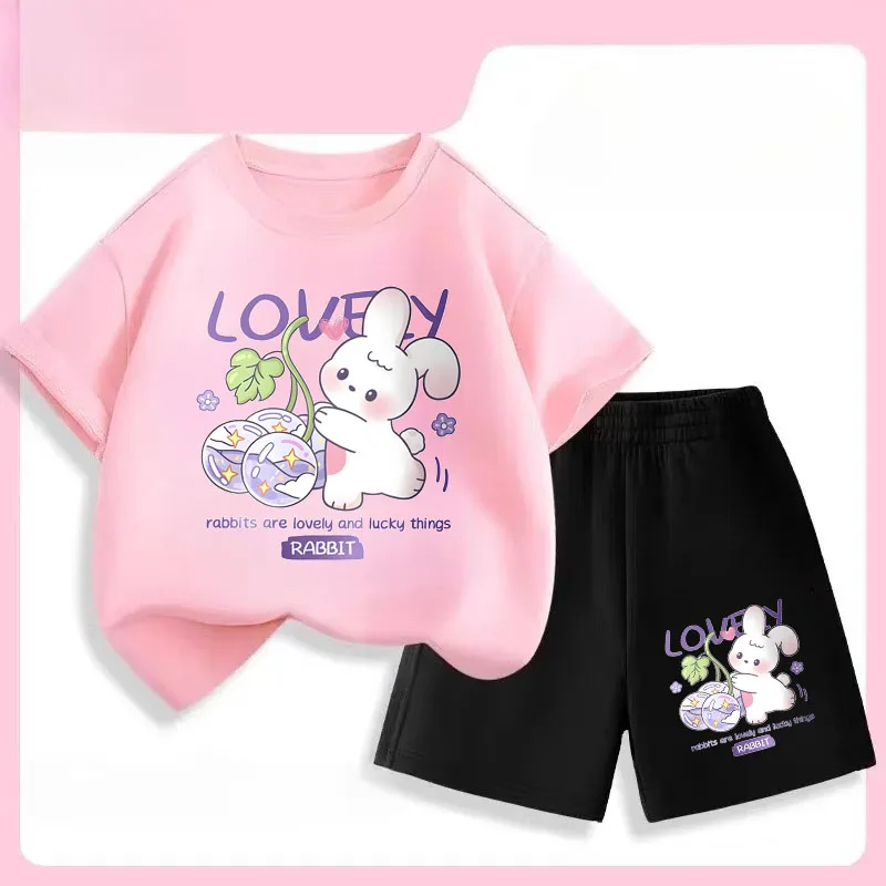 Novedad de verano, trajes informales para niñas, conjuntos de Top de manga corta para niños, camiseta con estampado de conejo bonito, pantalones cortos, traje de dos piezas