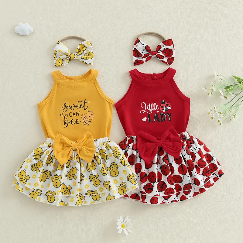 Conjuntos de verano para niña de 0 a 18 meses, camisetas sin mangas con estampado de abeja/mariquita, faldas con cintura elástica, conjunto de ropa de 2 uds.