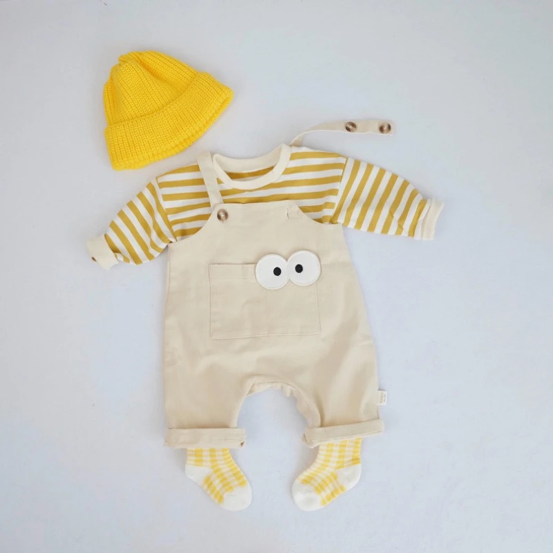 Conjunto de mameluco unisex para bebé, primavera y otoño, con sombrero, bonito top a rayas y monos con ojos de dibujos animados, traje elegante para Halloween al aire libre - imagen 3