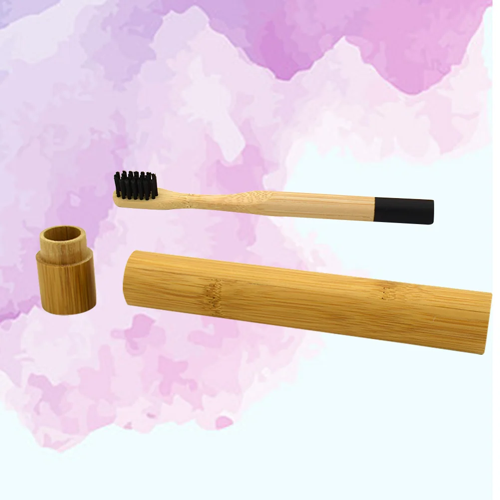 Cepillo de dientes de bambú ecológico, cerdas suaves biodegradables, diseño ergonómico, tubo de almacenamiento de bambú negro