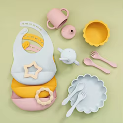 Juego de vajilla de silicona de 6 piezas para bebé, babero impermeable con forma de León de dibujos animados, plato de ventosa, cuchara portátil, tenedor, taza de bebé de Color puro