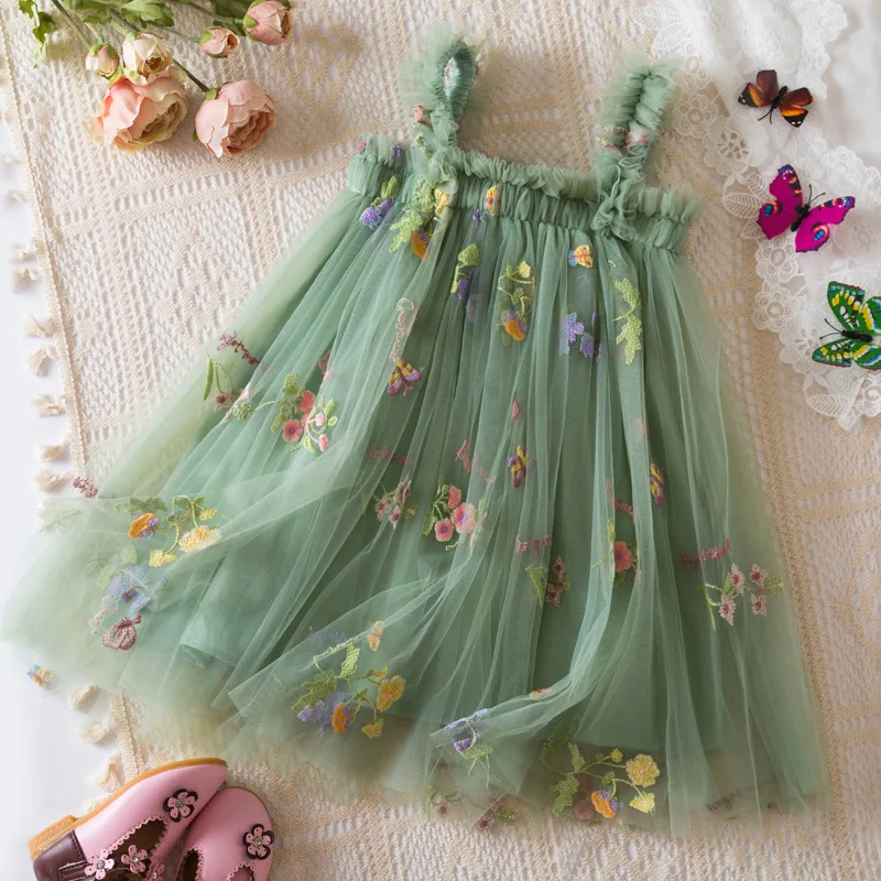 Lindo vestido de tirantes de malla para niñas pequeñas, vestido de princesa tutú de tul esponjoso, ropa informal de verano con bordado de flores para niñas pequeñas