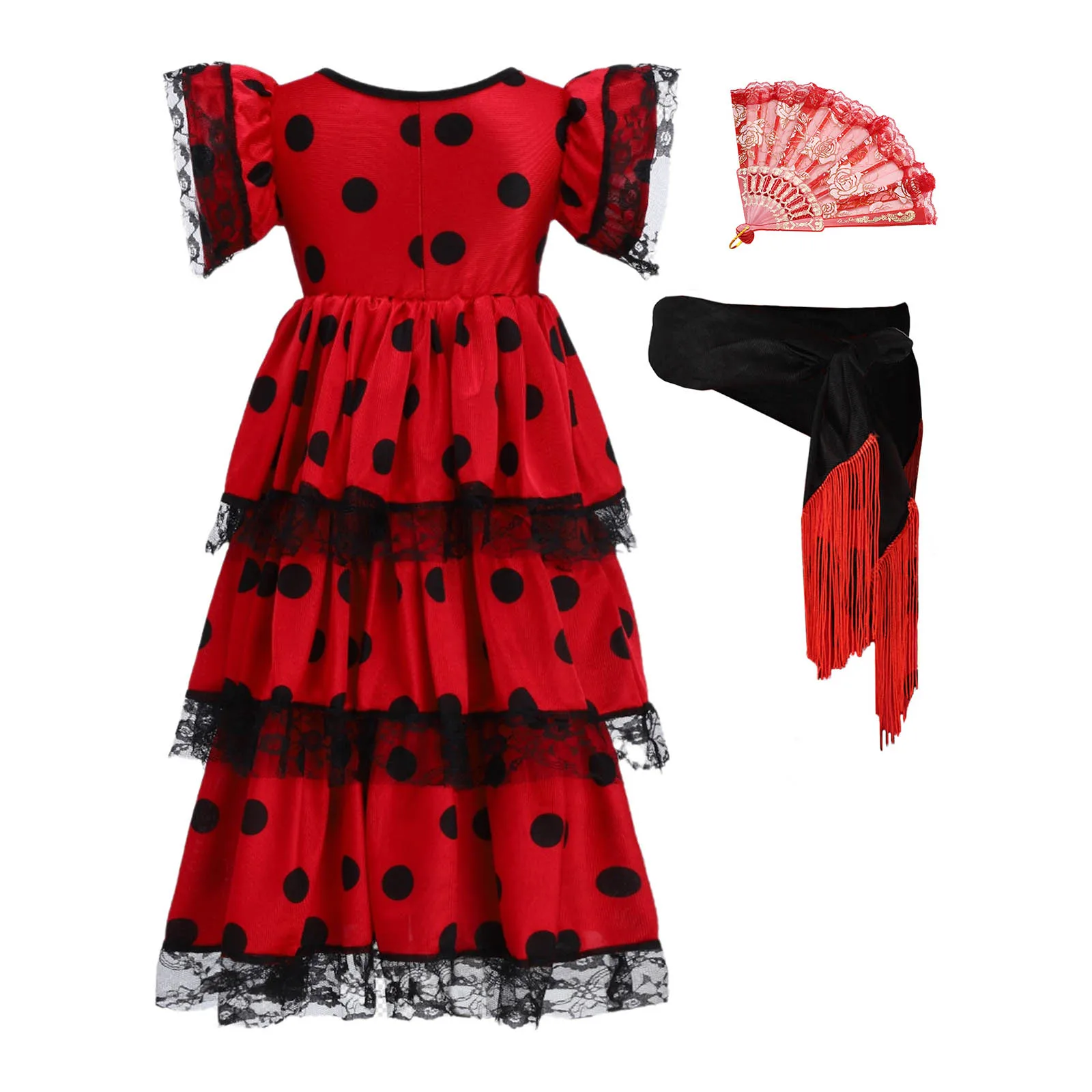 Vestido flamenco de niña con encaje, lunares y volantes con cinturón - imagen 3