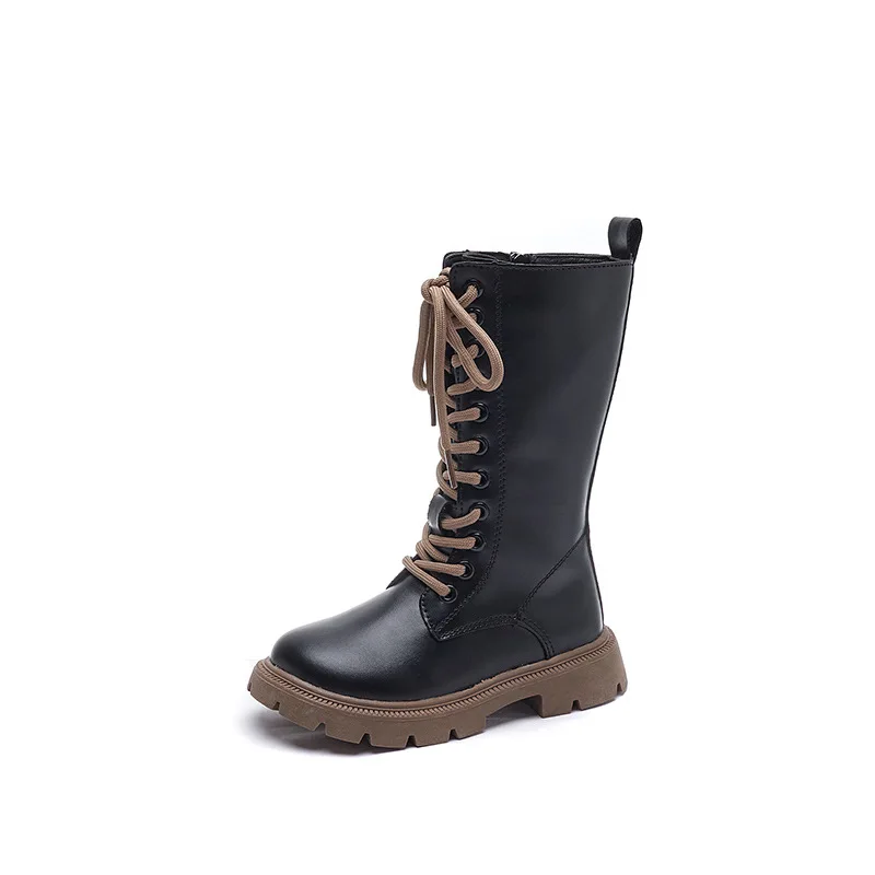 Otoño/Invierno moda Cool bebés niñas cálido tacón cuadrado punta redonda encaje Casual cómodo niños botas medias negras - imagen 5