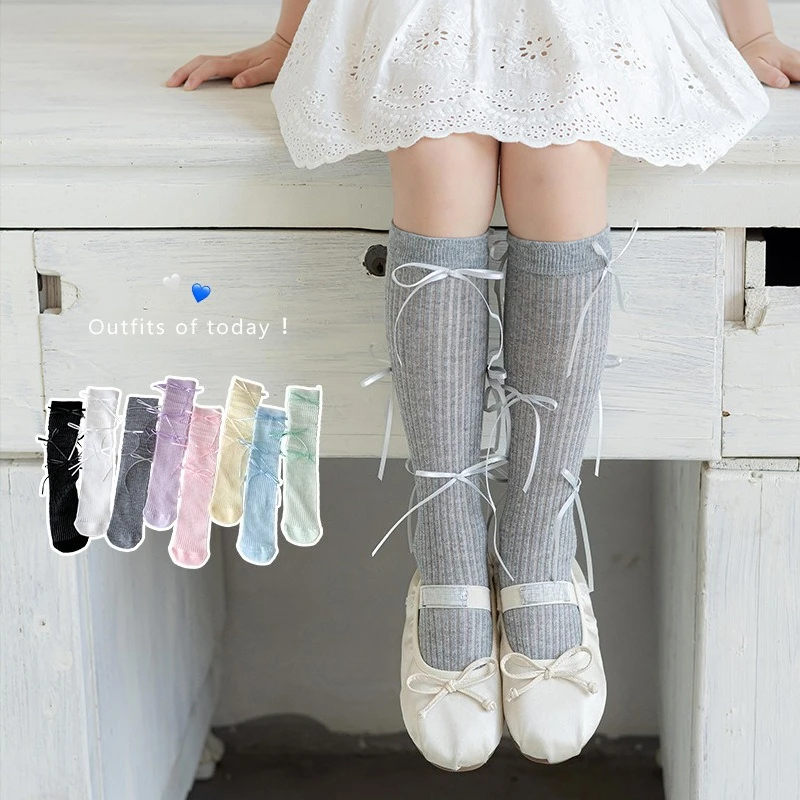 1 ‌   Par de calcetines hasta la rodilla con lazo de Ballet Lolita para niños y niñas, calcetines ligeros con lazo de princesa dulce, calcetines para niños pequeños de primavera y verano ‌