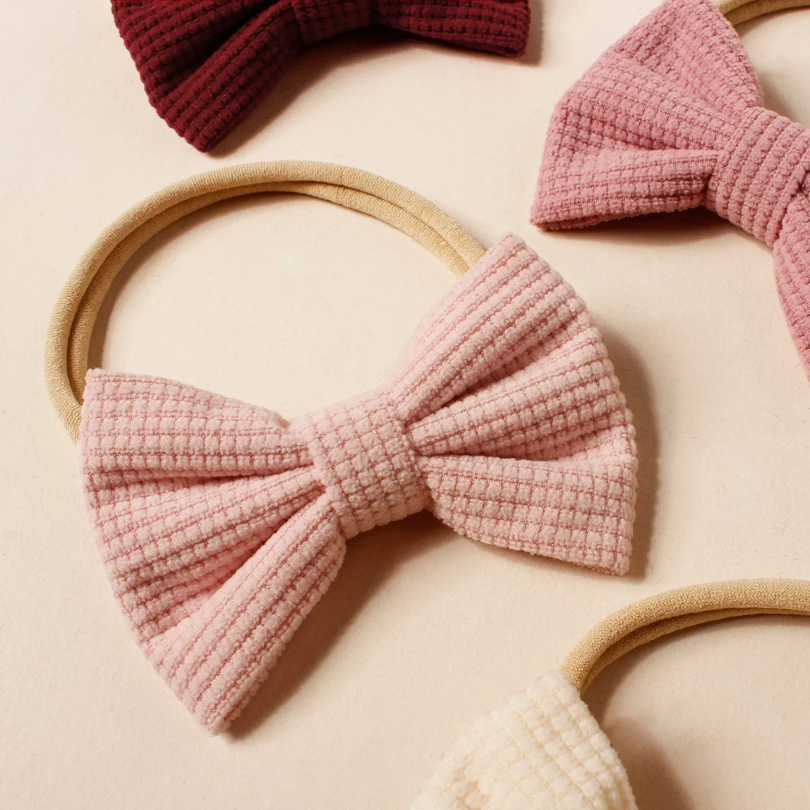 Diadema elástica con lazo para bebé, 4 Uds., gofres de pana, nudo superior de nailon suave para niña pequeña, decoración de moda para fiesta, accesorio para el cabello - imagen 5
