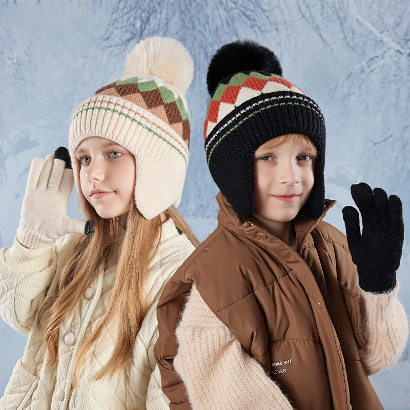 Gorros para niños, guantes, gorro de lana tejido con diamantes coloridos, gorros con protección para los oídos, suministros cálidos para exteriores, 2 uds., 2024 - imagen 3