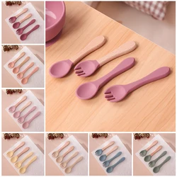 Juego de tenedor y cuchara bebé silicona sin BPA mango madera