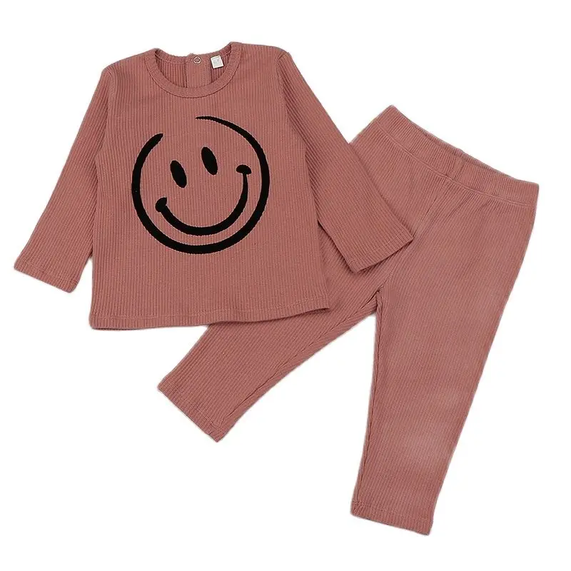 Conjunto de pijama acanalado para niño y niña, ropa de cuello redondo, top y pantalones, invierno, sonrisa flocada, 2 piezas - imagen 3