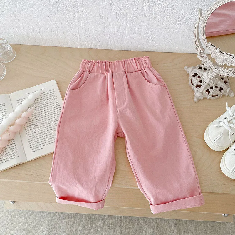 Pantalones casuales de otoño para niños, pantalones de cintura liso elástico para niñas, pantalones sueltos suaves de color rosa dulce - imagen 2
