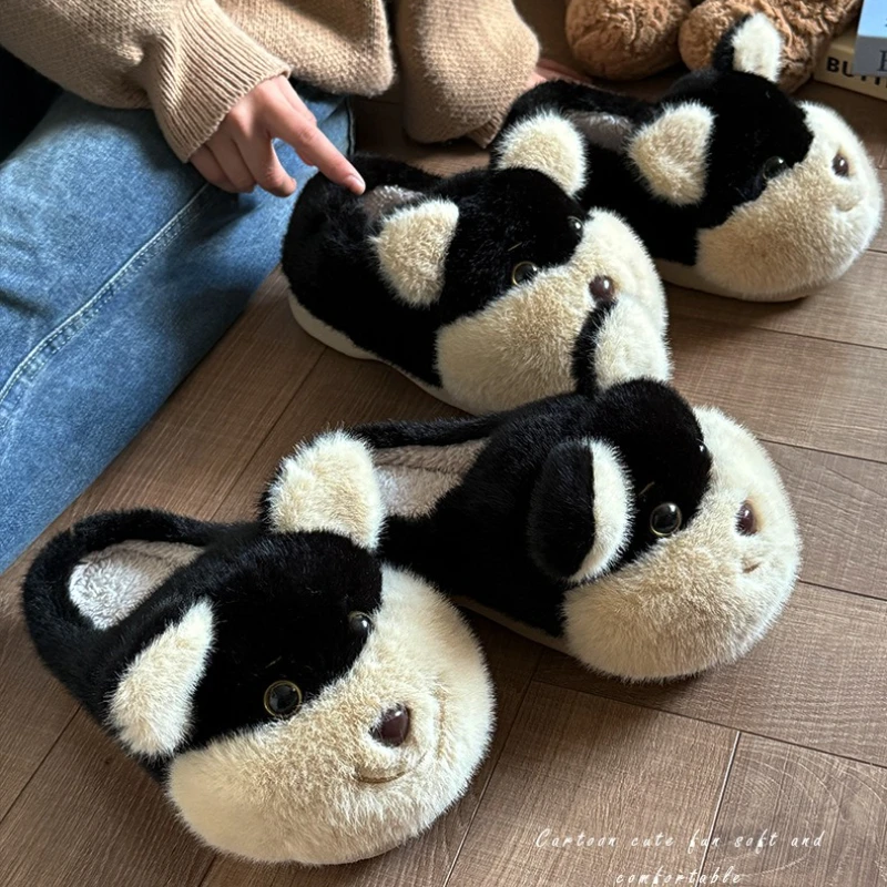 Zapatillas de interior de algodón para mujer, zapatos cálidos de otoño e invierno con perros divertidos, antideslizantes de felpa suave, pantuflas mullidas para el suelo de la casa - imagen 5