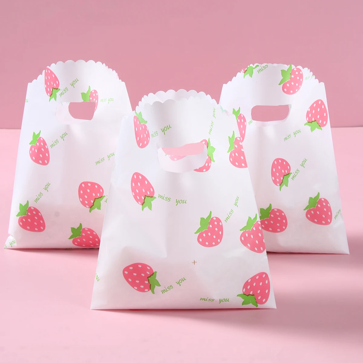 Bolsa de plástico de fresa con bonito diseño de fruta, bolsa de regalo de mano, ropa, cocina, compras, fiesta, embalaje de regalo, bolsas reutilizables, 10 Uds. - imagen 2