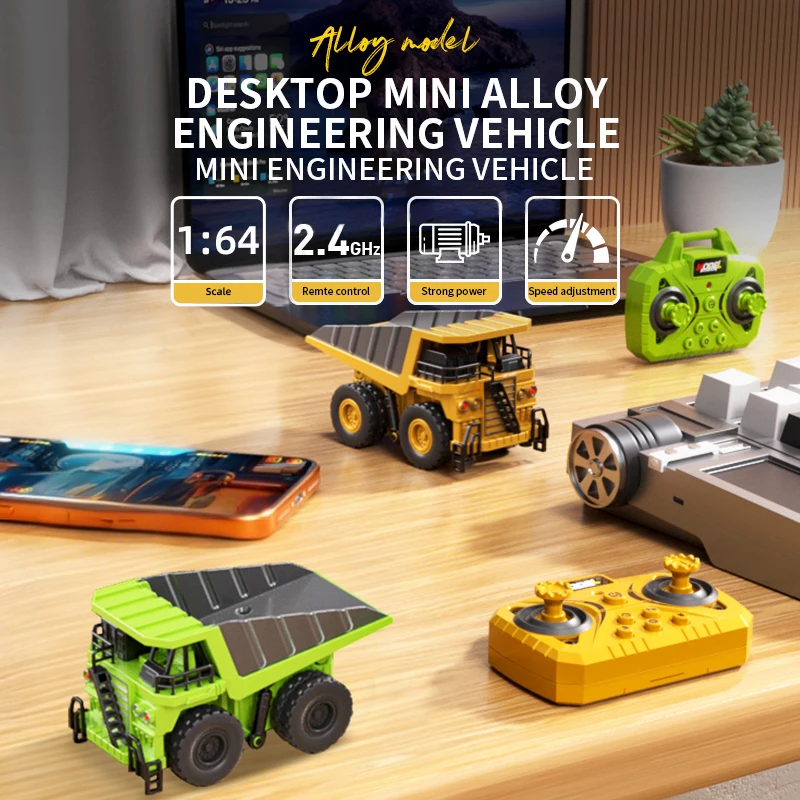 Excavadora teledirigida de aleación de escritorio, camión volquete con música ligera, Mini coche de juguete de aleación, vehículo Moedel, regalo de Navidad, 1/64 - imagen 2