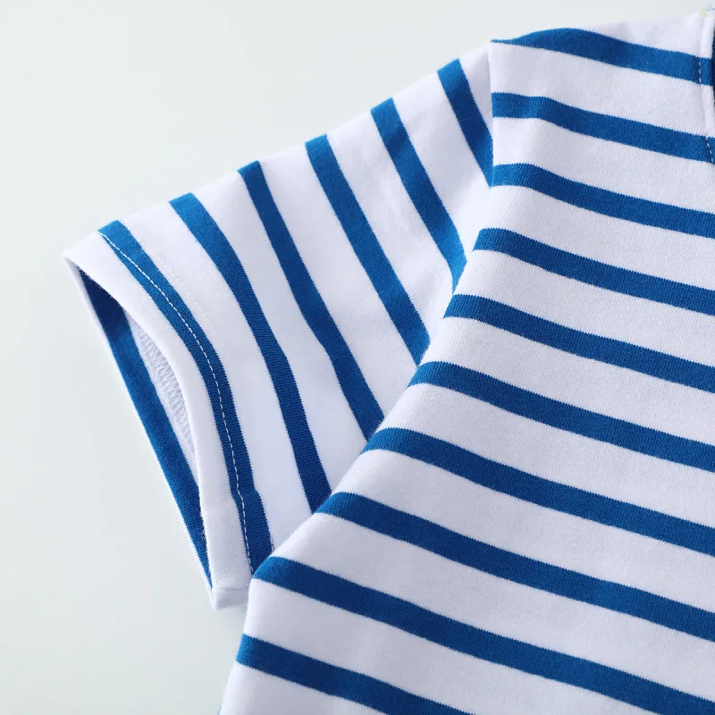 Camiseta de algodón para bebés de 2 a 7 años, camisetas de manga corta a rayas azules, camisetas de dinosaurios de dibujos animados para niños pequeños, ropa para niños - imagen 3