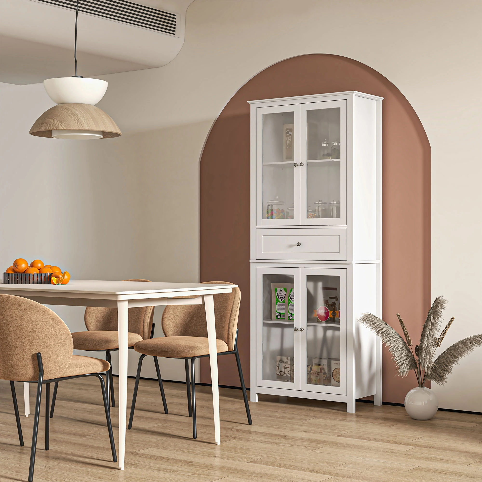HOMCOM Alacena de Cocina Mueble Vitrina con 4 Puertas de Vidrio Templado Cajón y Estantes Ajustables para Salón Comedor 74x35,5x181,5 cm Blanco - imagen 2