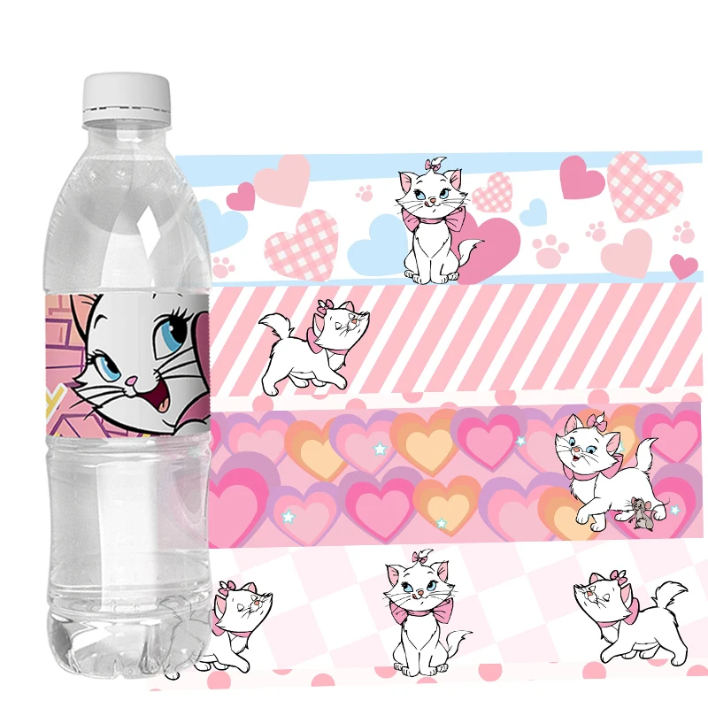 Etiquetas adhesivas para botellas de agua de gato de Aristogatos Marie, suministros para fiesta de cumpleaños para niños, decoraciones para Baby Shower, 6 uds.