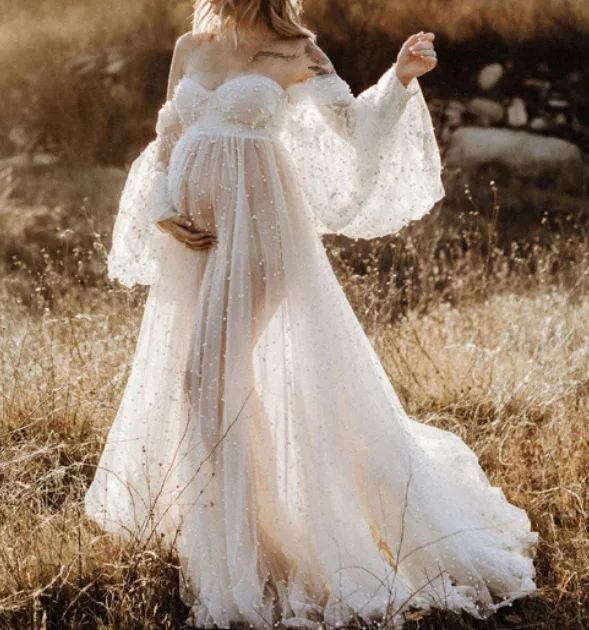 Vestido neonatal blanco con perlas para fotos de recién nacido - imagen 2