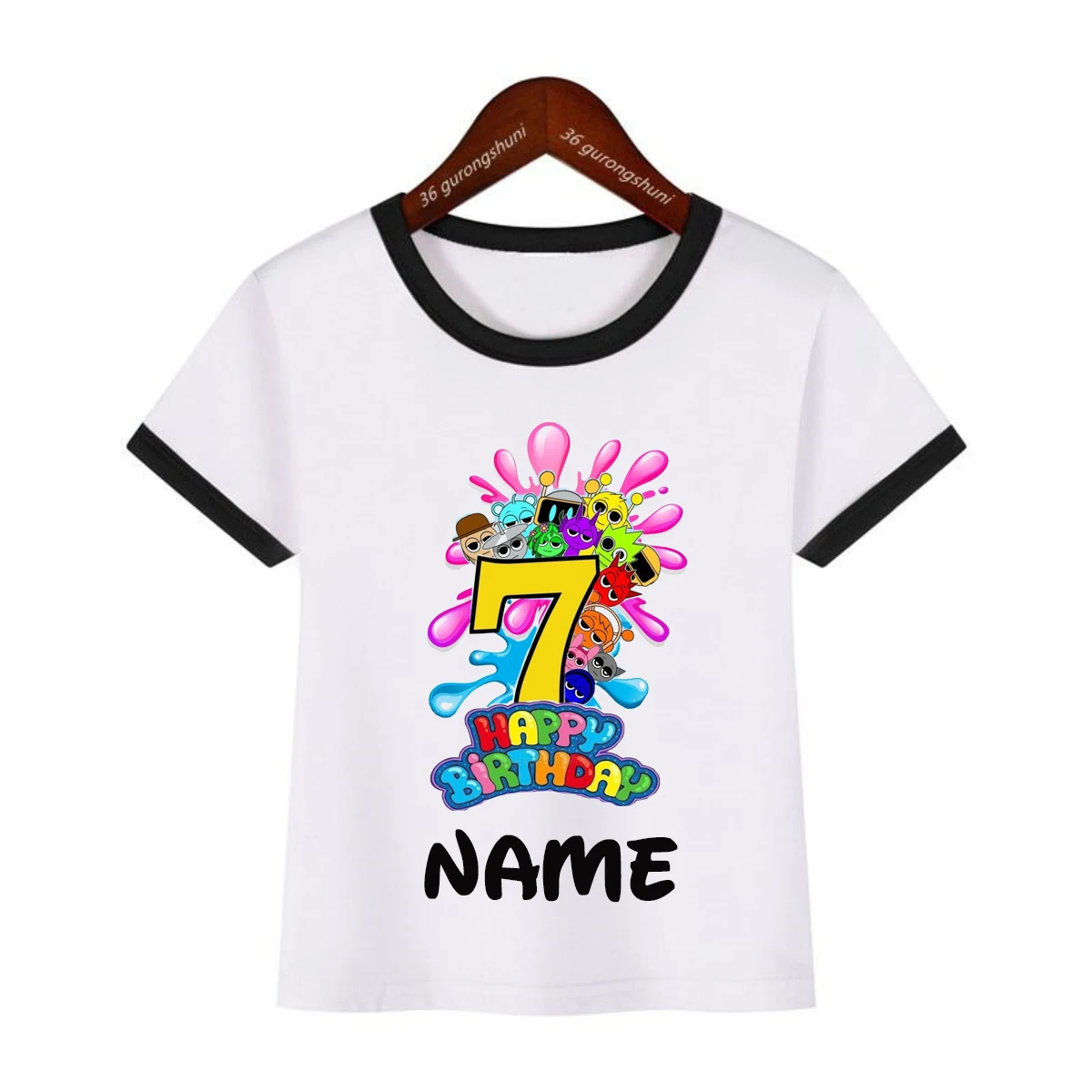 Camiseta colorida con estampado de Sprunki del 7 ° cumpleaños para niñas/niños, ropa para fiesta de cumpleaños con nombre personalizado, camiseta de verano para niños - imagen 2