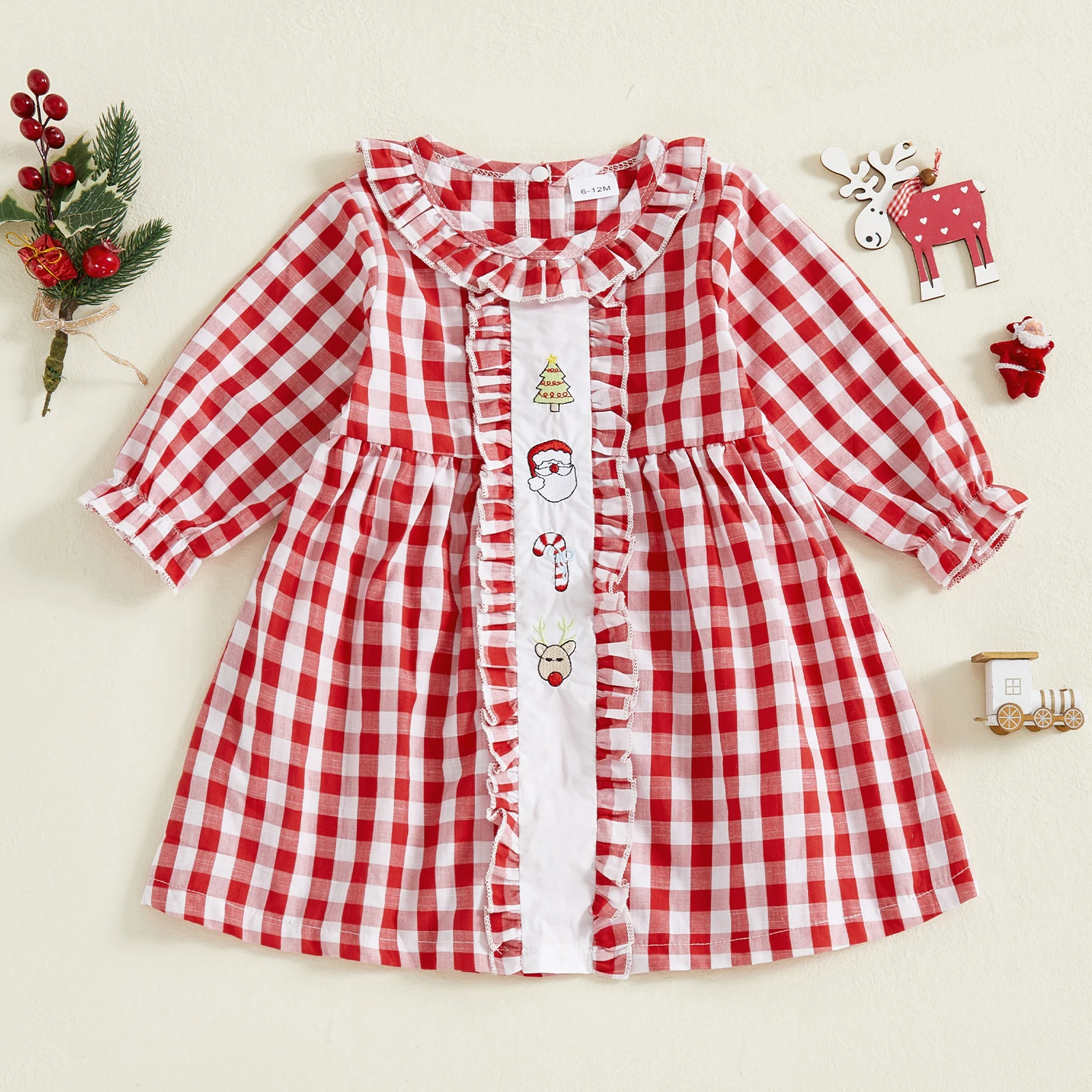 SUNSIOM Vestido de Navidad para niña pequeña de 1 a 4 años con farol, manga larga, volantes, cuello redondo, vestido bordado de Papá Noel